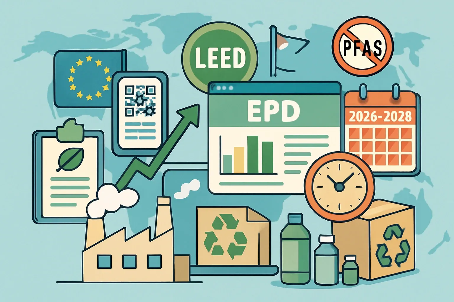 Generate an illustration for an article following this concept:
Future-Proof EPDs for 2026 to 2028
Between 2026 and 2028, EPD buyers and regulators will expect faster, cleaner disclosures across markets. LEED v5 tightens the bar for product-specific Type III EPDs, the EU turns CPR and Digital Product Passports into day‑to‑day reality, and U.S. states push packaging and PFAS rules. Manufacturers that still treat EPDs as one-off PDFs will feel slow. Teams that build a living, product-level dataset can answer new data calls in hours, not quarters.
Ensure that you use no text, as this illustration will be used on international translations of the article..
Use an illustrative style (e.g. isometic) and don't generate in a photorealistic style.