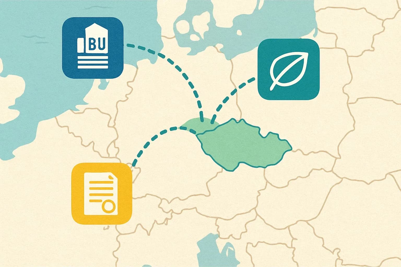 A clean map of Central Europe highlighting Czechia connected to icons of program operators like IBU and Environdec, showing ‘recognition pathways’ across EU projects.