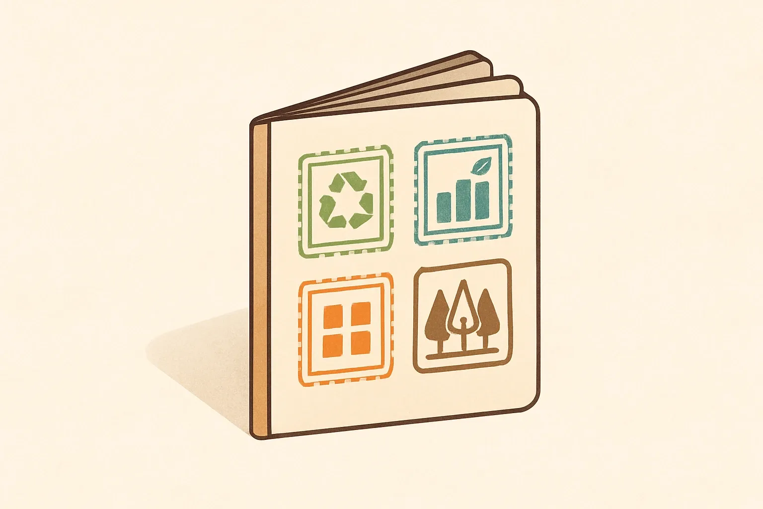A clean, minimal passport book where stamps are stylized icons for EN 15804, ECO Platform, INIES, and ÖKOBAUDAT to visualize cross‑border acceptance.