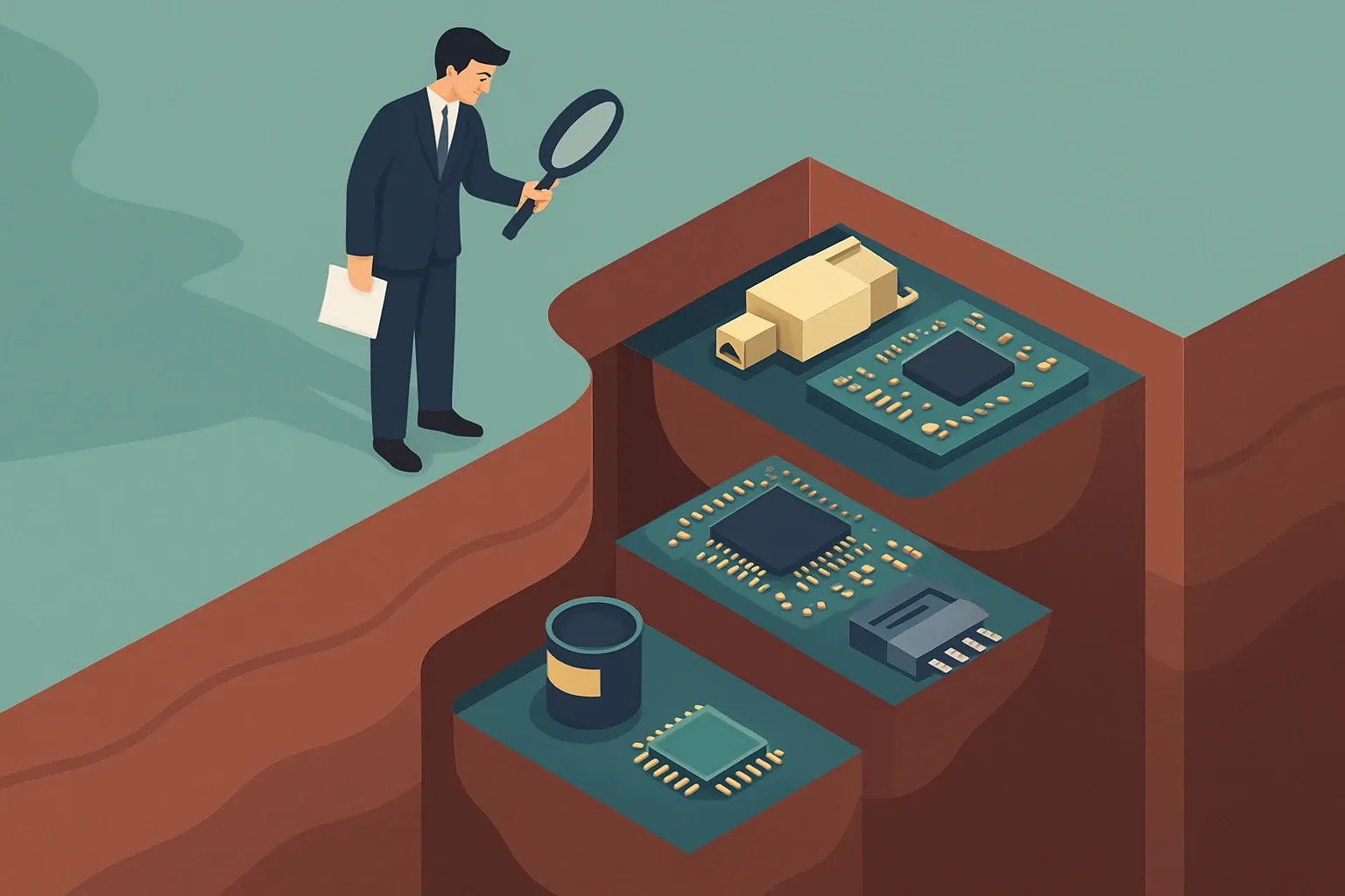 Generate an illustration for an article following this concept:
How Deep To Go For EPD Supply Chain Data
Where should an EPD data hunt stop. At a component, a sub‑assembly, or all the way down to coatings, chipsets, and connectors? Standards and PCRs set the floor, not the ceiling. The smart play is to set clear, written rules that balance verification needs with effort, so teams avoid boiling the ocean yet still publish numbers they can stand behind in specs and customer Q&A.
Ensure that you use no text, as this illustration will be used on international translations of the article..
Use an illustrative style (e.g. isometic) and don't generate in a photorealistic style.
