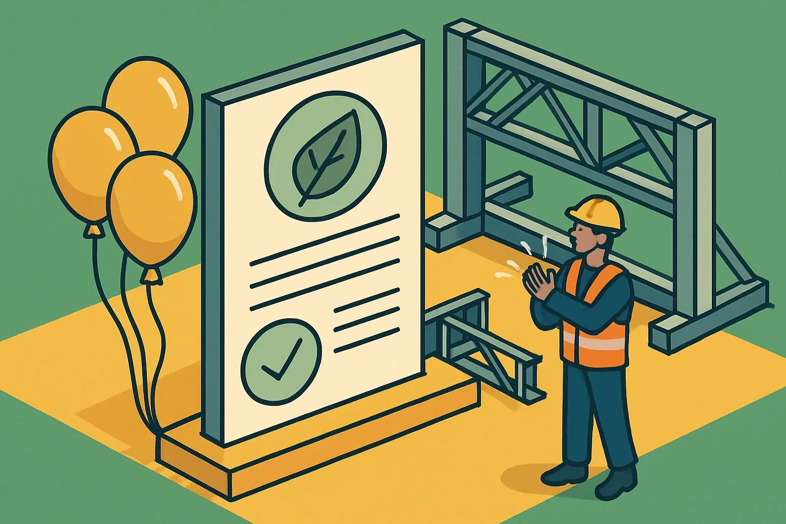 Generate an illustration for an article following this concept:
Congrats Metalprojekts on first-ever EPD for steel structures
Metalprojekts has entered the transparency arena. In November 2025 the Latvian steel fabricator published its first Environmental Product Declaration covering welded and coated load‑bearing steel structures up to EXC3 under EN 1090‑2. That turns complex fabrications from datasheet talk into verifiable, citable numbers that keep bids moving and specifers confident.
Ensure that you use no text, as this illustration will be used on international translations of the article..
Use an illustrative style (e.g. isometic) and don't generate in a photorealistic style.