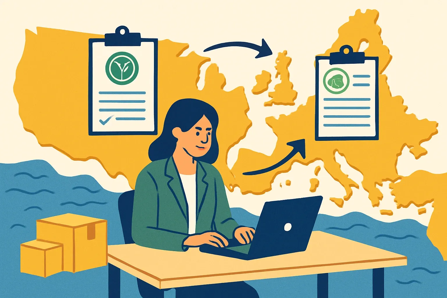 Generate an illustration for an article following this concept:
IBU mutual recognition for U.S. program operators
Publishing once and selling on both sides of the Atlantic sounds too good to be true. Mutual recognition between IBU in Europe and select U.S. program operators makes it practical, cutting duplicate reviews and putting your EPD where specifiers actually look.
Ensure that you use no text, as this illustration will be used on international translations of the article..
Use an illustrative style (e.g. isometic) and don't generate in a photorealistic style.