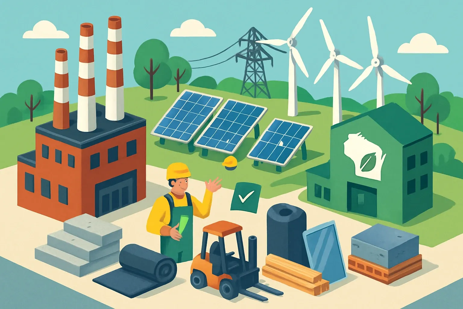 Generate an illustration for an article following this concept:
Wisconsin Clean Energy Plan for Manufacturers
Wisconsin’s Clean Energy Plan is more than energy headlines. It is a quiet shift in how public owners choose materials, with pilots for low‑carbon procurement, grid upgrades that favor electrified buildings, and growing asks for third‑party proof. If your concrete, steel, wood, asphalt, glass, or insulation lacks product‑specific EPDs, bids will feel uphill. Here’s what the plan actually means for your specability, and how to move faster than rivals without turning your factory upside‑down.
Ensure that you use no text, as this illustration will be used on international translations of the article..
Use an illustrative style (e.g. isometic) and don't generate in a photorealistic style.
