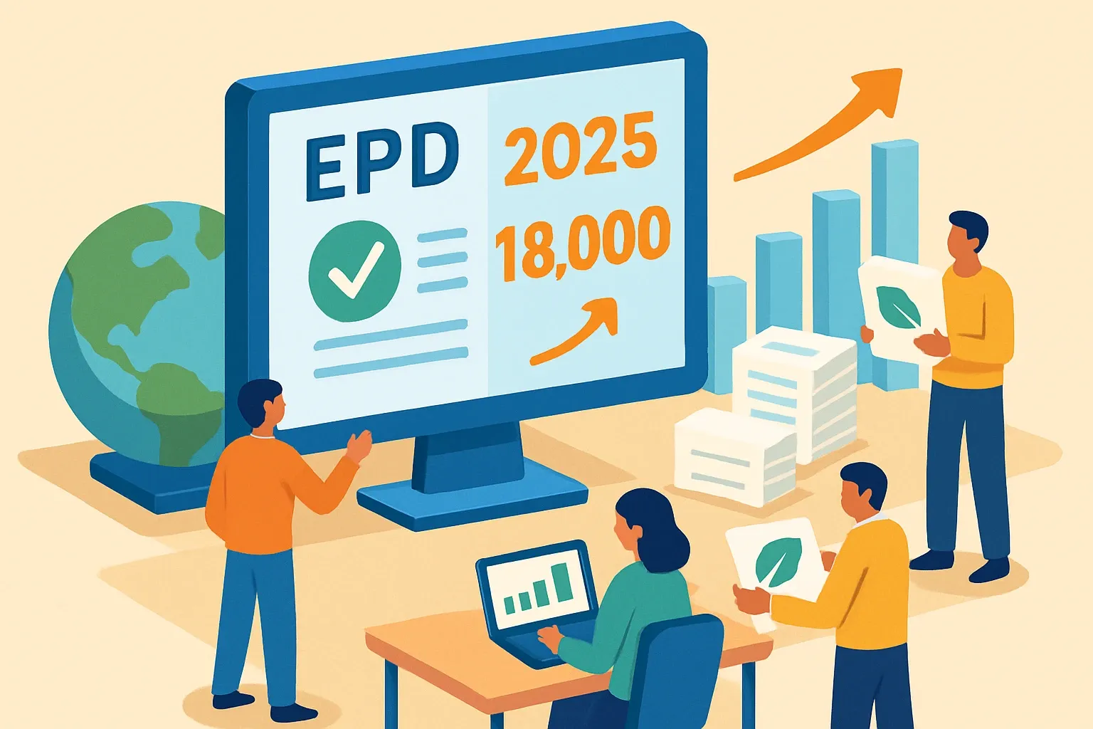 Generate an illustration for an article following this concept:
International EPD System tops 18,000 EPDs in 2025
The International EPD System just crossed a big threshold. More than 18,000 valid, registered EPDs are now live, with a record 9,395 published in 2025. If you make construction products, this is your signal that environmental data is now table stakes, not a nice-to-have. Here is what the jump means for specs, sales cycles, and how to move quickly without drowning your team in spreadsheets.
Ensure that you use no text, as this illustration will be used on international translations of the article..
Use an illustrative style (e.g. isometic) and don't generate in a photorealistic style.