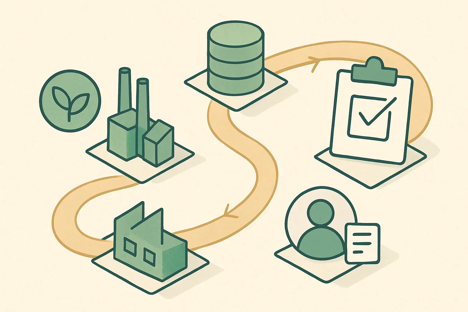 A clean, roadmap‑style graphic showing the stages from data collection to modeling, verification, and publication, with small icons for plants, databases, and program operators.