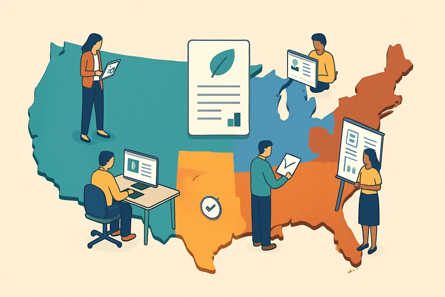 Generate an illustration for an article following this concept:
The Regional Spec Gap
One national product story rarely lands the same way in every region. Specifiers hunt for answers through different channels, trust different proof, and expect different levels of product-development partnership. Manufacturers that localize EPD delivery, messaging, and support see faster shortlist decisions, fewer substitution risks, and better ROI from every new declaration. The play is simple. Keep the LCA math consistent, then tailor the way it is packaged, surfaced, and supported so it matches how architects actually work in the West, Midwest, South, and Northeast.
Ensure that you use no text, as this illustration will be used on international translations of the article..
Use an illustrative style (e.g. isometic) and don't generate in a photorealistic style.