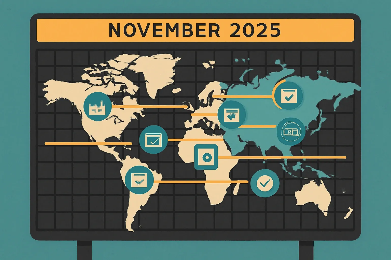 A world map with header titled, November 2025, styled like an airport departures board highlighting regional EPD updates as flight-like entries, with icons for program operators, portals, and rating tools moving across routes.
