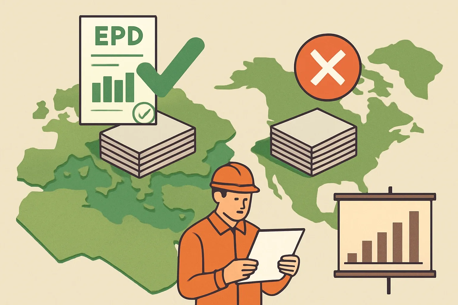 Generate an illustration for an article following this concept:
Gypsum Fiber Boards: Industry‑Wide EPDs?
Short answer: yes in Europe, not broadly in North America. If you make gypsum fibreboards and want to win specs, a product‑specific EPD still beats a sector average because project teams often treat industry‑wide numbers as conservative placeholders. Here is what exists today, who published it, and how manufacturers can turn that into an ROI win.
Ensure that you use no text, as this illustration will be used on international translations of the article..
Use an illustrative style (e.g. isometic) and don't generate in a photorealistic style.