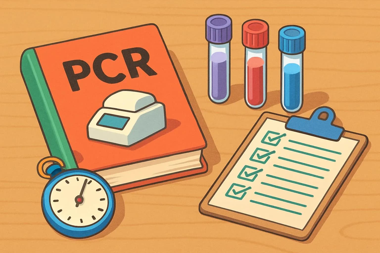 A tabletop with a Monopoly style rulebook labeled PCR beside product samples, a stopwatch, and a checklist to symbolize compliance and speed.