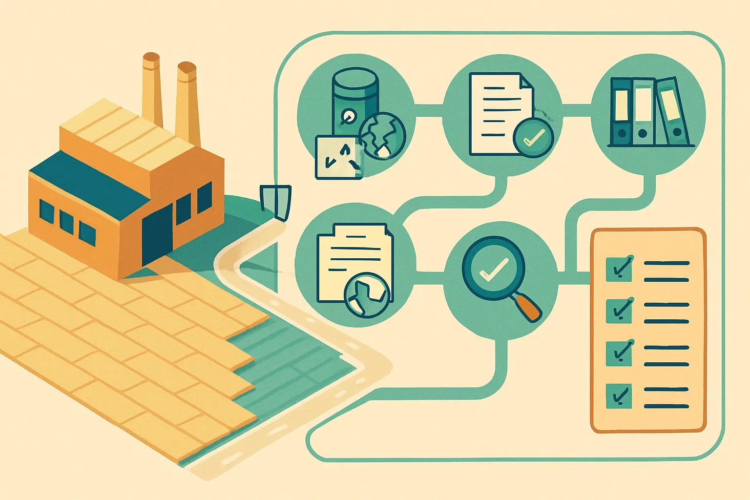 A factory floor morphs into a clean schematic map that flows through icons for data collection, LCA modeling, PCR check, verification, and publication repositories, showing a straight path toward a spec checklist.