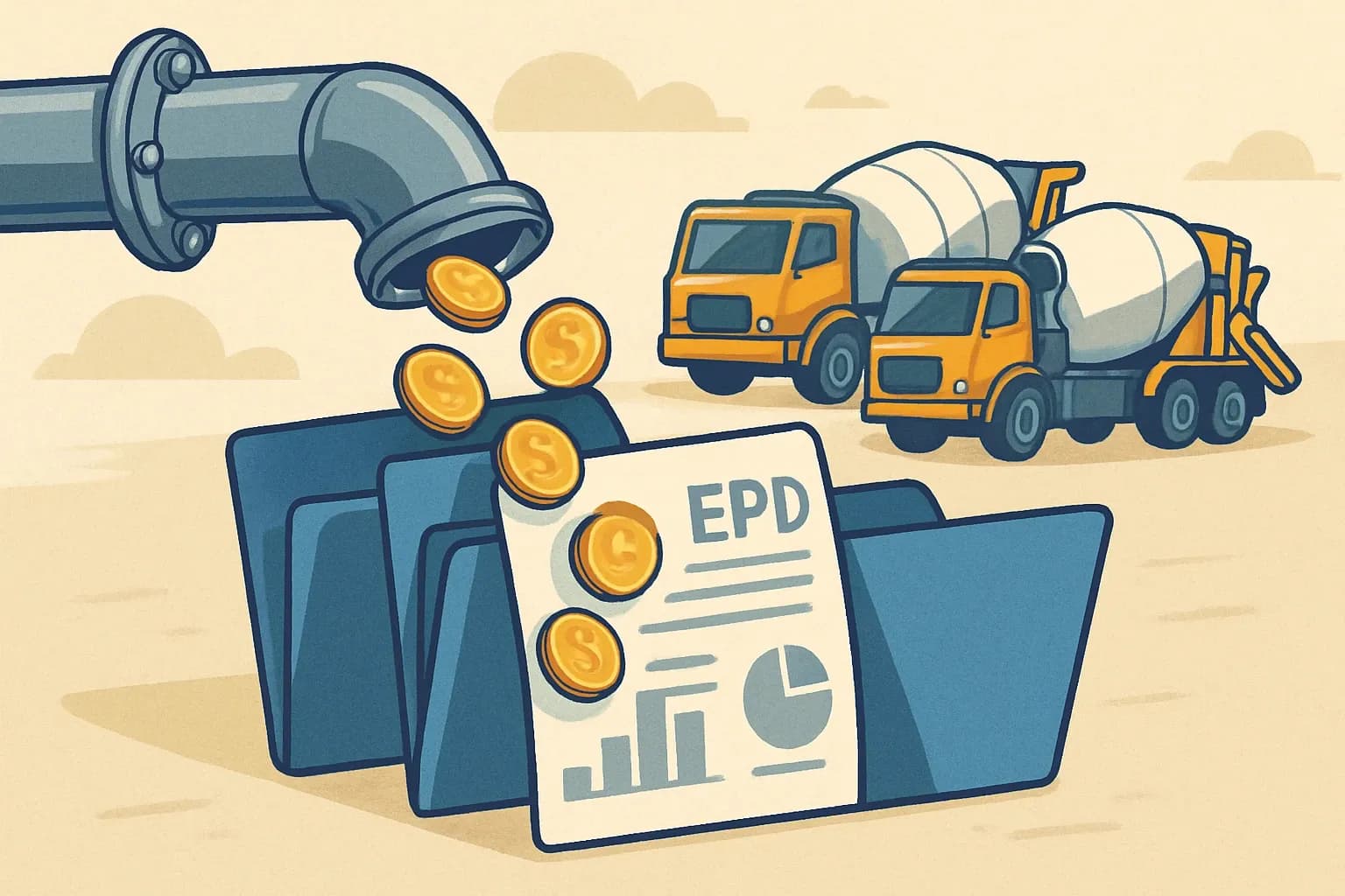 A pipeline labeled 'Grant Fund' pours coins into open EPD report folders, with concrete trucks in the background ready to roll.
