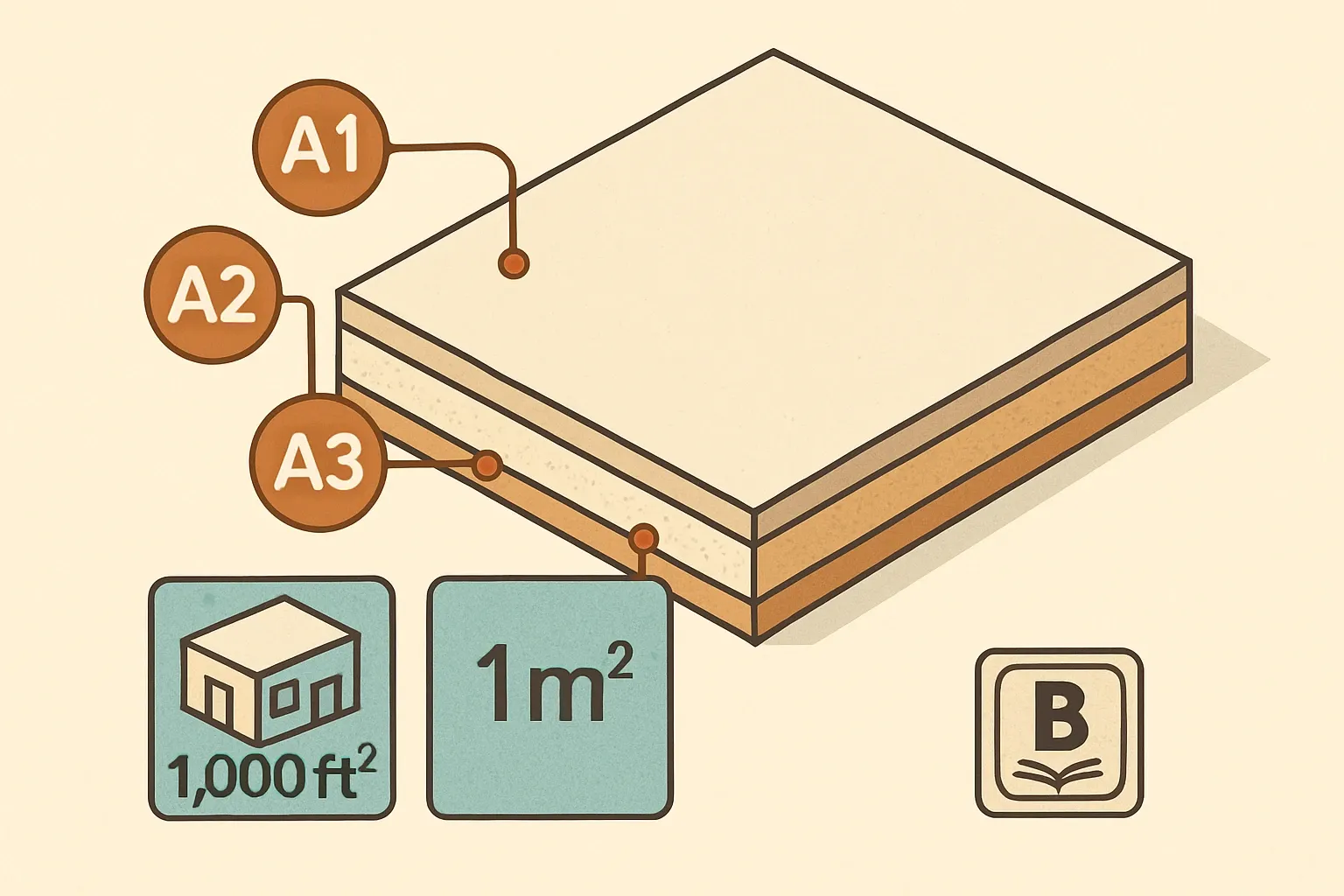Cutaway of a gypsum board panel with callouts for A1–A3 stages, declared unit icons for 1,000 ft² and 1 m², and a small stamp indicating Part B PCR reference.