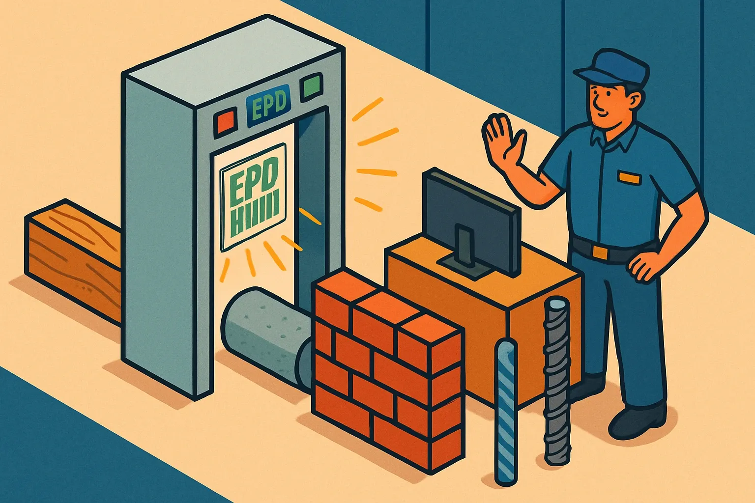 Visualize a security checkpoint where construction materials walk through a metal detector that scans for EPD labels instead of metal weapons.