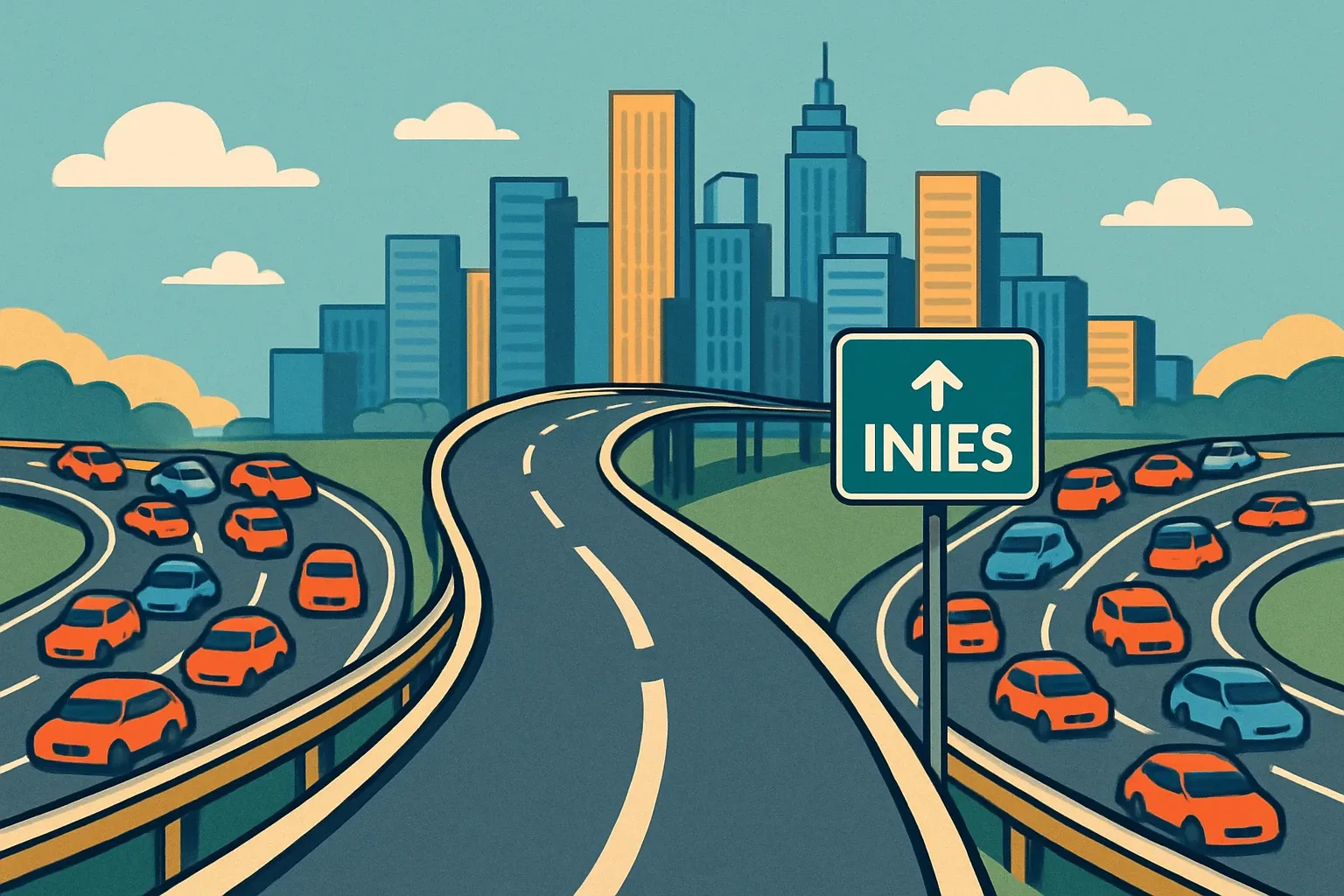 A stylized highway on‑ramp labeled with a small INIES icon, merging cleanly into a bright city skyline. Side roads labeled “generic defaults” appear congested, visually showing the advantage of being on the main route.