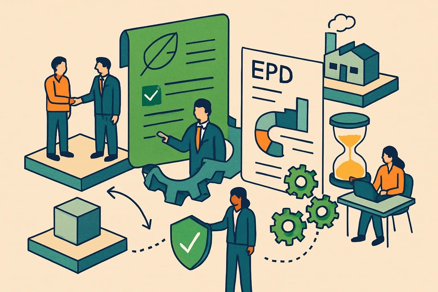 Generate an illustration for an article following this concept:
Operationalize PCFs and EPDs into customer value
Contract manufacturers and component suppliers keep getting one-off asks for product carbon footprints and allocated emissions. Treating these as favors burns time and invites scope creep. Treat them as a productized service, with clear boundaries, verification, and SLAs, and they start to win business, shorten bids, and reduce churn when specifications tighten.
Ensure that you use no text, as this illustration will be used on international translations of the article..
Use an illustrative style (e.g. isometic) and don't generate in a photorealistic style.
