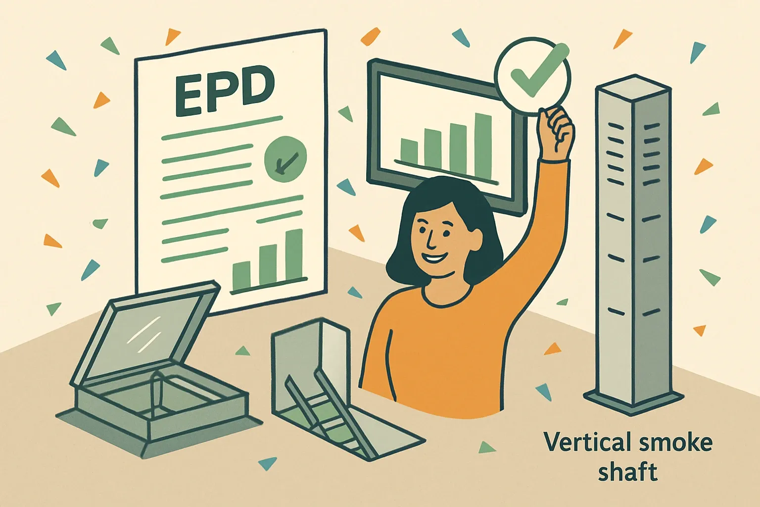 Generate an illustration for an article following this concept:
Congrats, KeraGroup: first‑ever EPDs are live
Fresh off the press, KeraGroup has stepped into the transparency arena. In March 2025 they debuted their first Environmental Product Declaration, then added two more through summer. For a maker of smoke ventilation hatches, roof access solutions, and vertical smoke shafts, this flips submittals from “we’ll estimate” to “here are the verified numbers” and keeps pricing from being the only lever in a bid.
Ensure that you use no text, as this illustration will be used on international translations of the article..
Use an illustrative style (e.g. isometic) and don't generate in a photorealistic style.