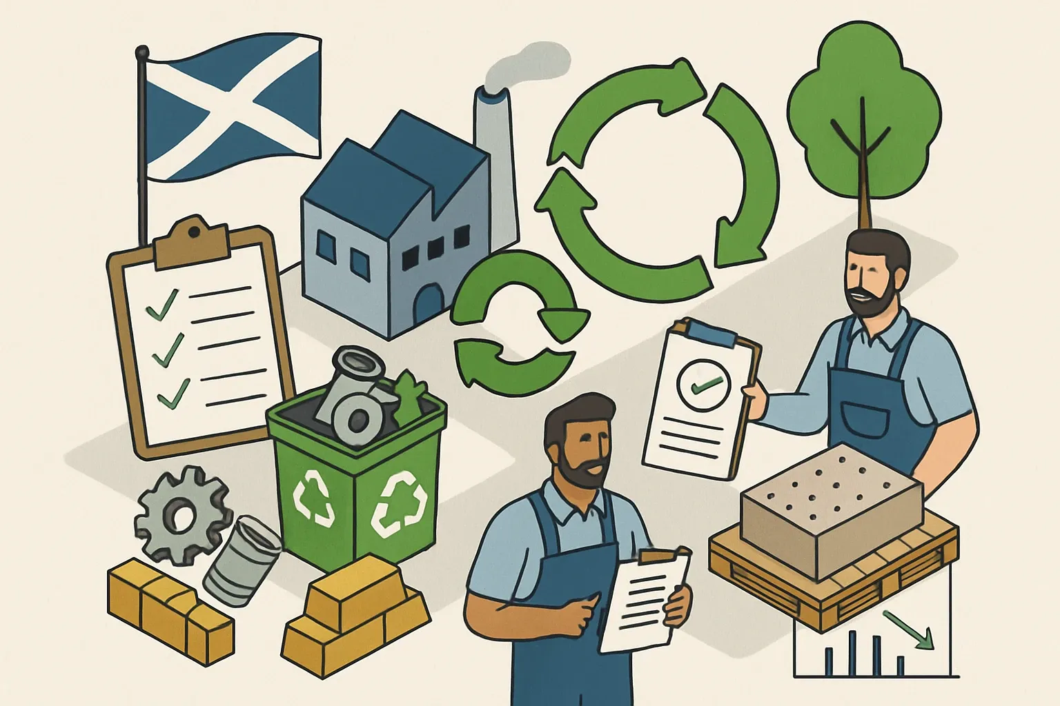 Generate an illustration for an article following this concept:
Scotland’s Circular Economy Strategy, Decoded for Manufacturers
Scotland’s 2026 circular economy strategy sets a five‑year drumbeat for waste reduction, reuse, and low‑carbon materials. For building product manufacturers, that means buyers will ask for harder proof and faster disclosure of embodied carbon and recycled content. Teams with product‑specific EPDs and clear take‑back or reuse plans will win specifications more often, especially in public projects that mirror the strategy’s goals. The upside is commercial, not just compliance. If your data is tidy and third‑party verified, procurement stops guessing with penalties and starts shortlisting your product instead.
Ensure that you use no text, as this illustration will be used on international translations of the article..
Use an illustrative style (e.g. isometic) and don't generate in a photorealistic style.