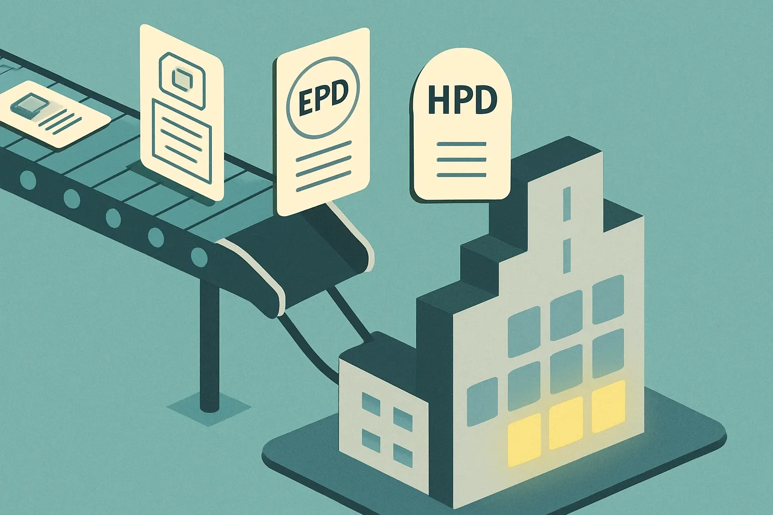 A clean, stylized assembly line producing labeled product cards that slot into a simplified building silhouette showing LEED credit tiles lighting up as EPD and HPD cards drop in.