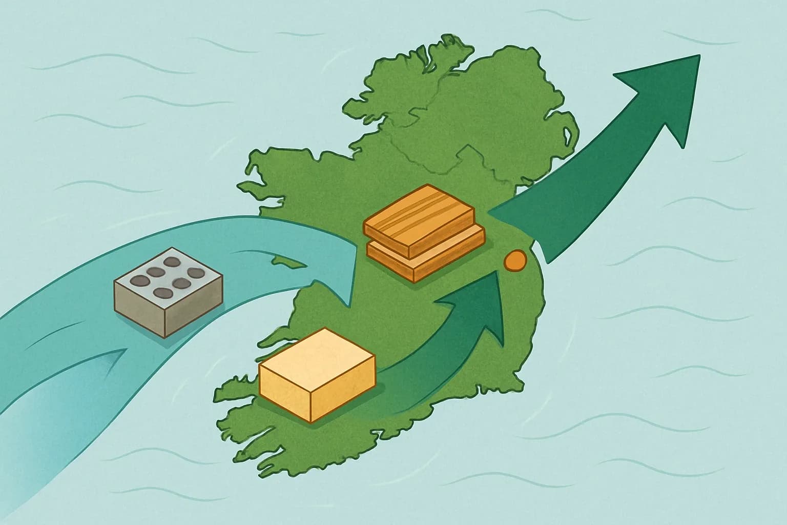 A clean map of Ireland overlaid with two flowing arrows. One arrow labeled EU EPBD pushes from the continent toward Ireland. The other labeled Irish public procurement rises from Dublin outward. Icons for concrete, timber, and insulation ride the currents.
