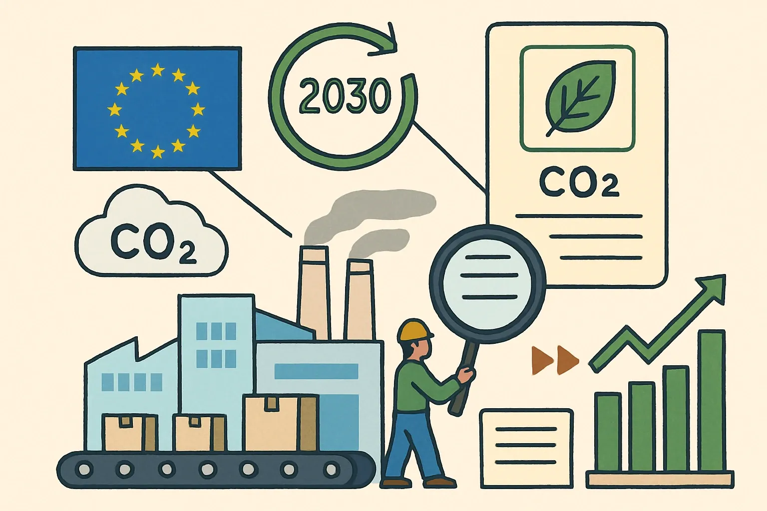 Generate an illustration for an article following this concept:
EU 2030 Climate Framework, decoded for manufacturers
The EU’s 2030 climate and energy rules are not background noise. They change the cost and credibility of materials, nudge buyers toward products with transparent, plant specific carbon data, and reward teams that can evidence improvements fast. If Europe is on your sales map, Environmental Product Declarations are no longer a nice to have. They are the paperwork that keeps you in the spec conversation.
Ensure that you use no text, as this illustration will be used on international translations of the article..
Use an illustrative style (e.g. isometic) and don't generate in a photorealistic style.
